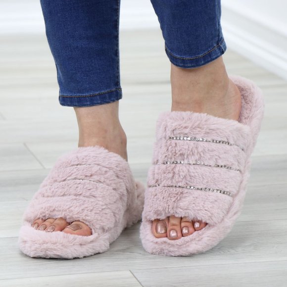 Shoes - Pink Puff Fuzzy Fluffy Slip On Plush Slippers Diamond Accents